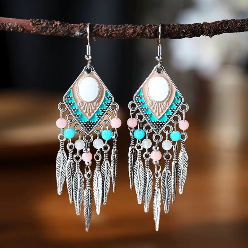 Vintage Ethnic Crystal Drop Oil Dangle Earrings for Women Retro Rhombus Leaf Tassel Earrings Female Vacation Style Jewelry
