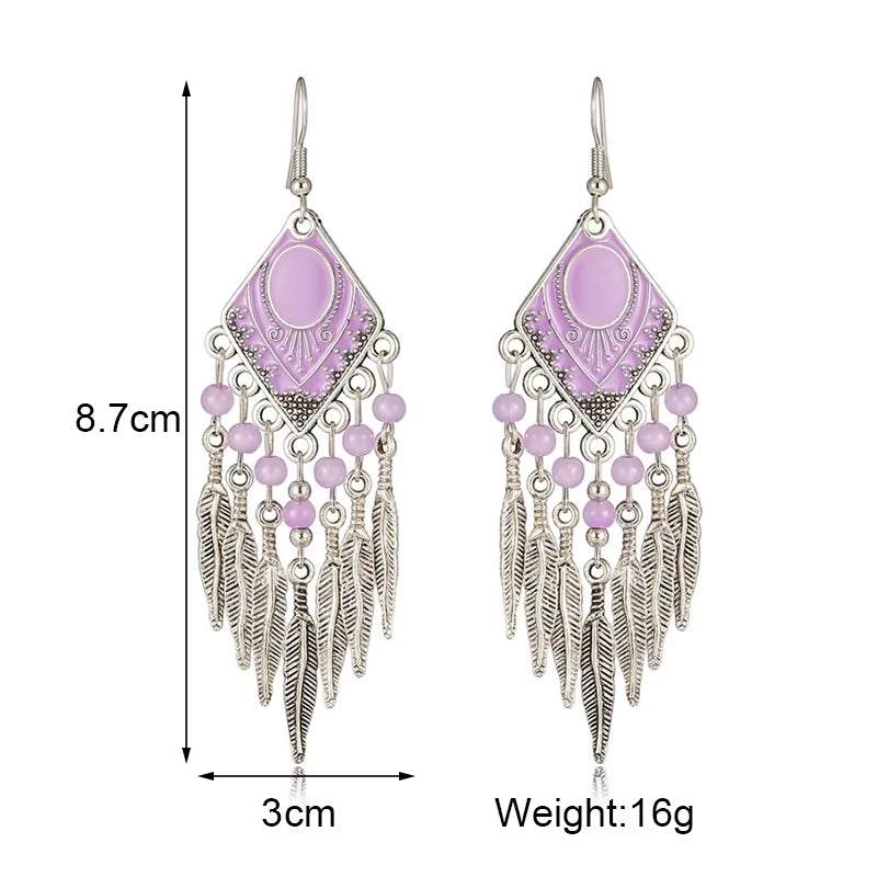 Vintage Ethnic Crystal Drop Oil Dangle Earrings for Women Retro Rhombus Leaf Tassel Earrings Female Vacation Style Jewelry