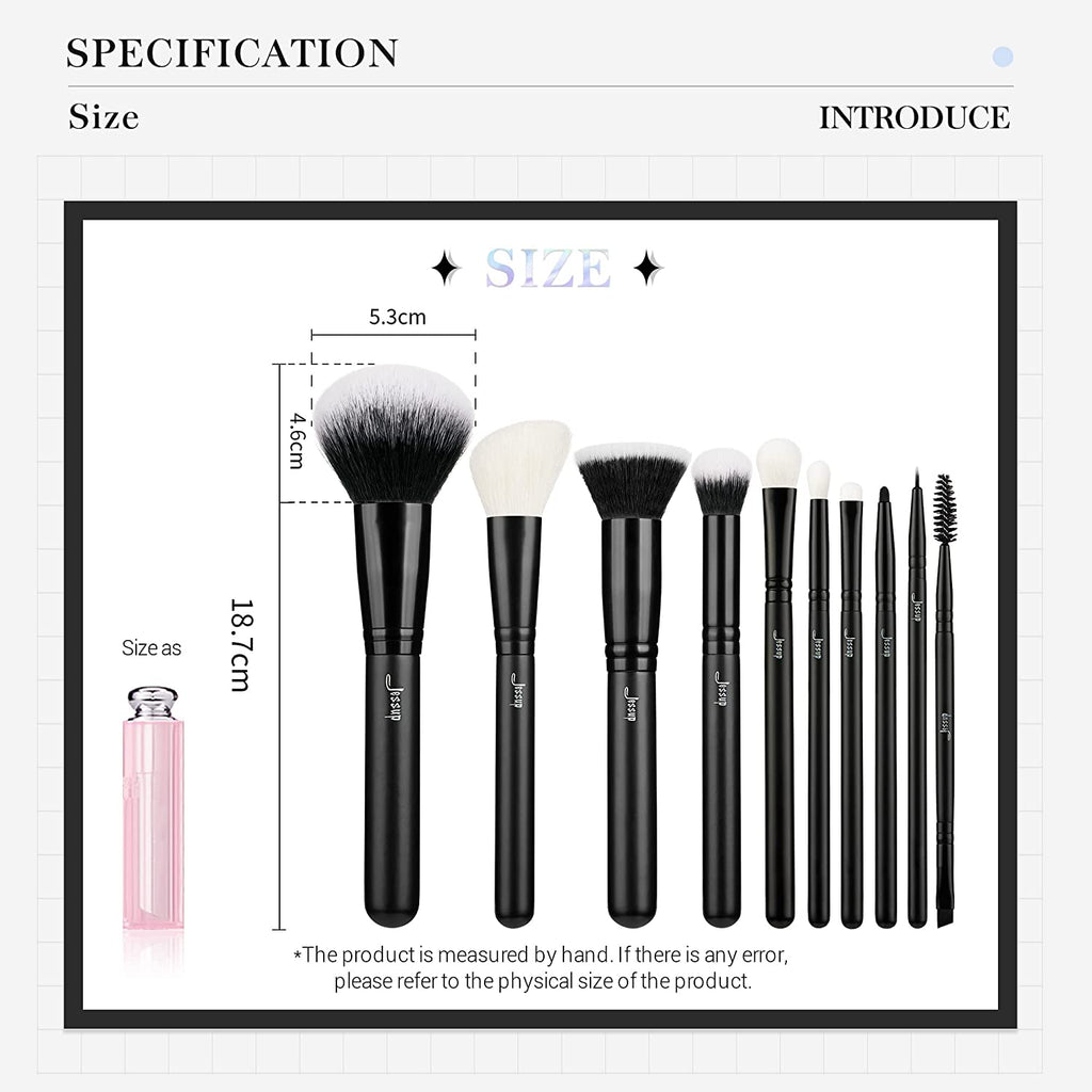 Professional 10-Piece Makeup Brush Set in Black with Natural and Synthetic Hair for Foundation, Blending, Blush, Concealer, Eyeshadow, Eyebrow, and Eyeliner Applications, T323