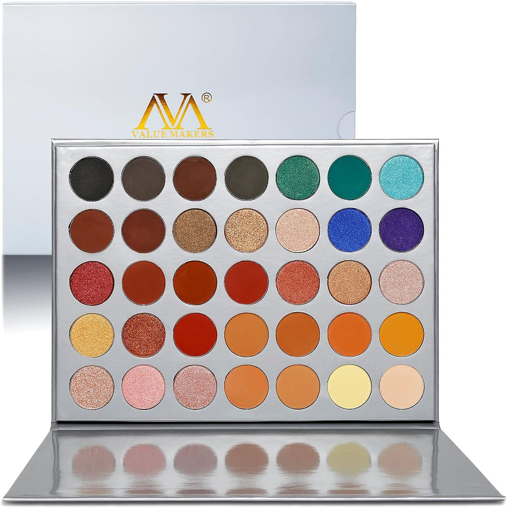 Valuemakers 35-Color Highly Pigmented Eyeshadow Palette - Matte and Shimmer Finish in Vibrant Green, Red, Gold, Pink, Nude, Yellow, and Blue Tones - Vegan Formula