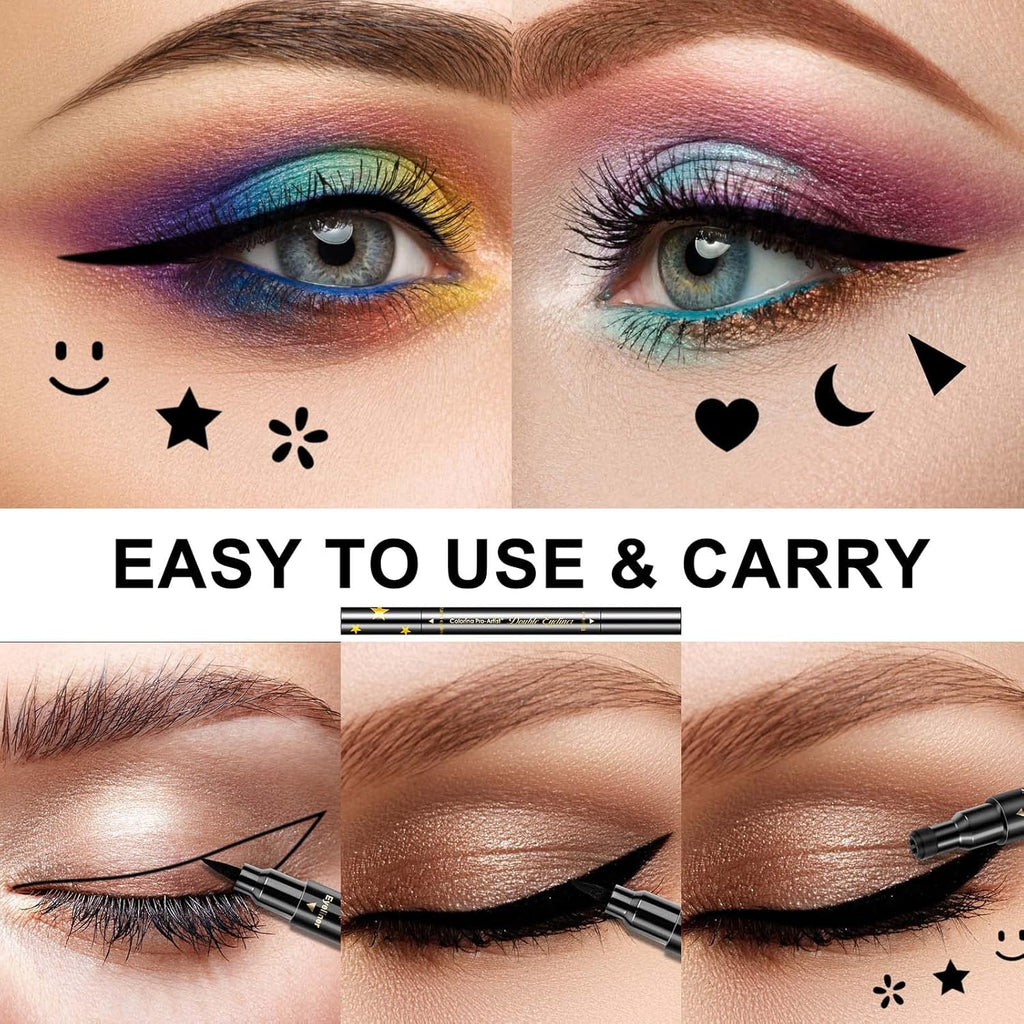 6-Piece Double-Headed Eyeliner Stamp Set - Black Liquid Eyeliner Pens with Star, Moon, Heart, Flower, Smiley, and Triangle Stencils for Women - Long-Lasting, Waterproof, and Smudge-Proof Makeup Kit