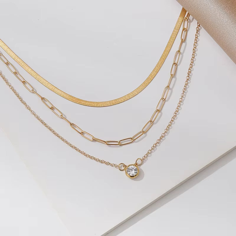 Vintage Boho Multilayer Gold Color Crystal Pendant Necklace Snake Chain for Women Men Valentine'S Jewelry Gift X0212