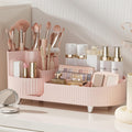 Large Capacity Rotating Makeup Organizer - Elegant Cosmetic Display Case for Makeup Brushes, Lipsticks, and Skincare Products (Pink)