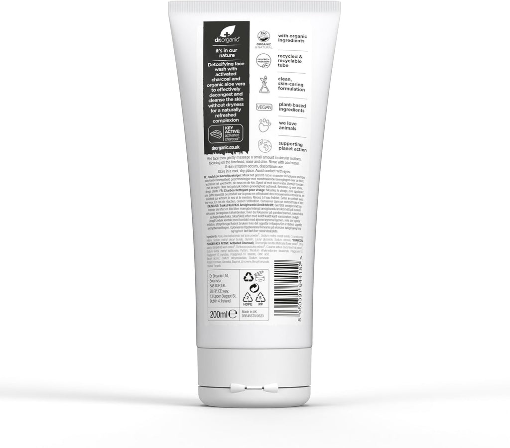 Dr Organic Charcoal Face Wash - Natural Cleansing Solution for Acne and Oily Skin, Vegan, Cruelty-Free, Paraben and SLS-Free, 200ml
