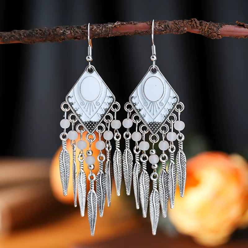 Vintage Ethnic Crystal Drop Oil Dangle Earrings for Women Retro Rhombus Leaf Tassel Earrings Female Vacation Style Jewelry