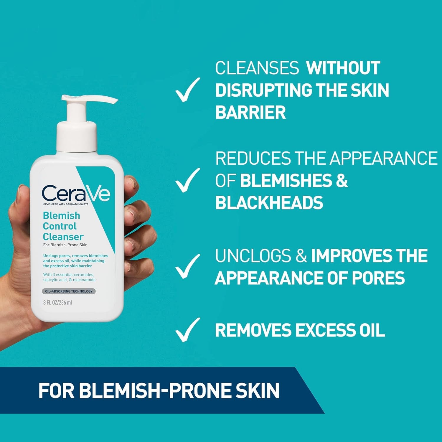 Blemish Control Gel Cleanser 236ml for Acne-Prone Skin with 2% Salicylic Acid, Niacinamide, Purifying Clay, and Ceramides - Lightweight and Oil-Absorbing Formula