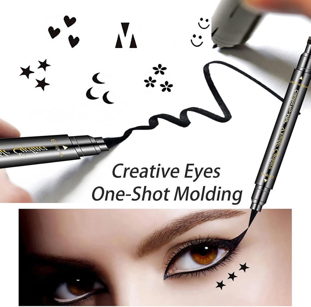 6-Piece Double-Headed Eyeliner Stamp Set - Black Liquid Eyeliner Pens with Star, Moon, Heart, Flower, Smiley, and Triangle Stencils for Women - Long-Lasting, Waterproof, and Smudge-Proof Makeup Kit
