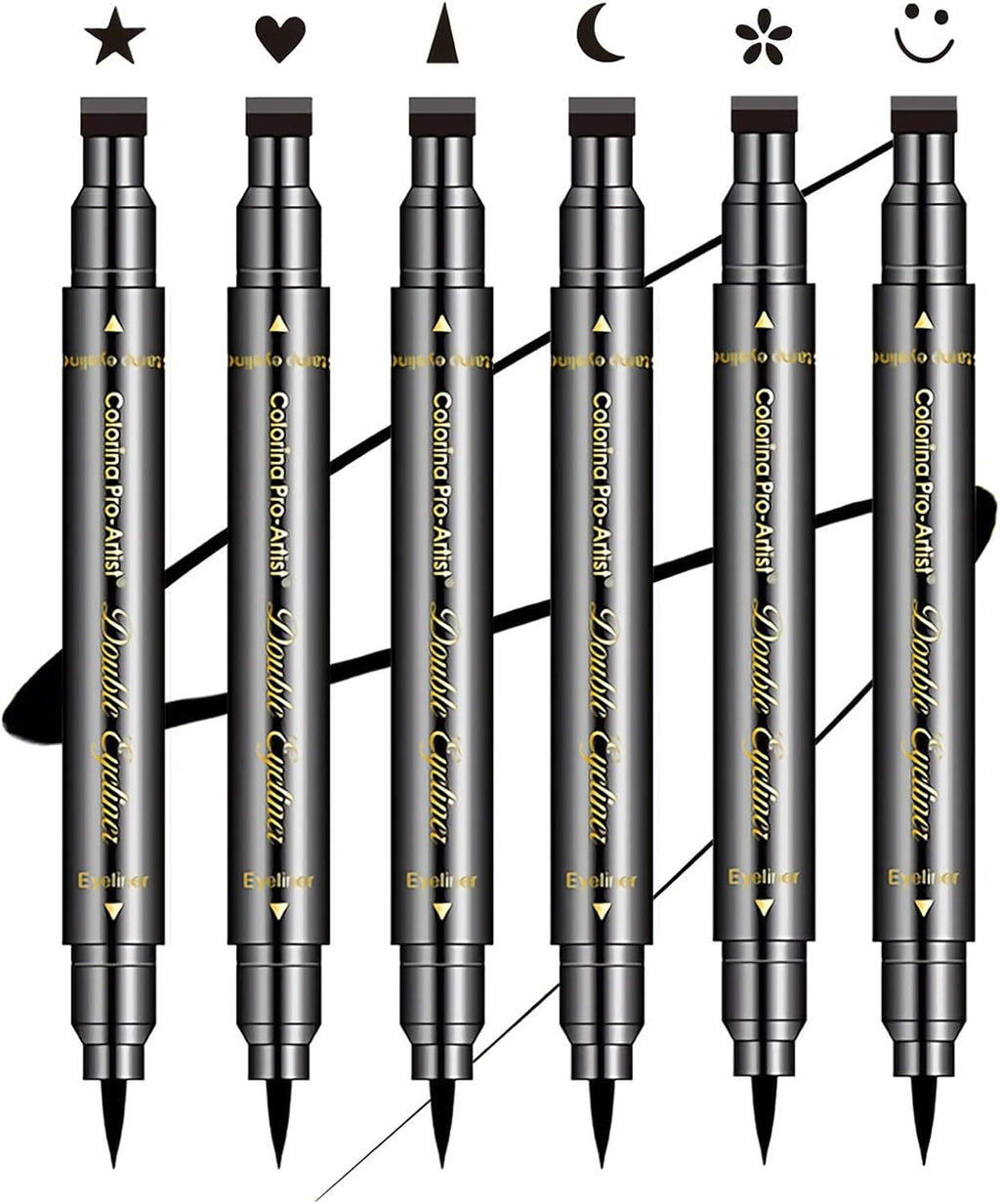 6-Piece Double-Headed Eyeliner Stamp Set - Black Liquid Eyeliner Pens with Star, Moon, Heart, Flower, Smiley, and Triangle Stencils for Women - Long-Lasting, Waterproof, and Smudge-Proof Makeup Kit