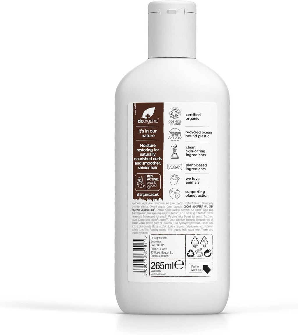 Dr Organic Coconut Oil Conditioner for Normal and Dry Hair, Hydrating Formula, Unisex, Natural, Vegan, Cruelty-Free, Paraben and SLS-Free, Organic, 265ml, Packaging May Vary