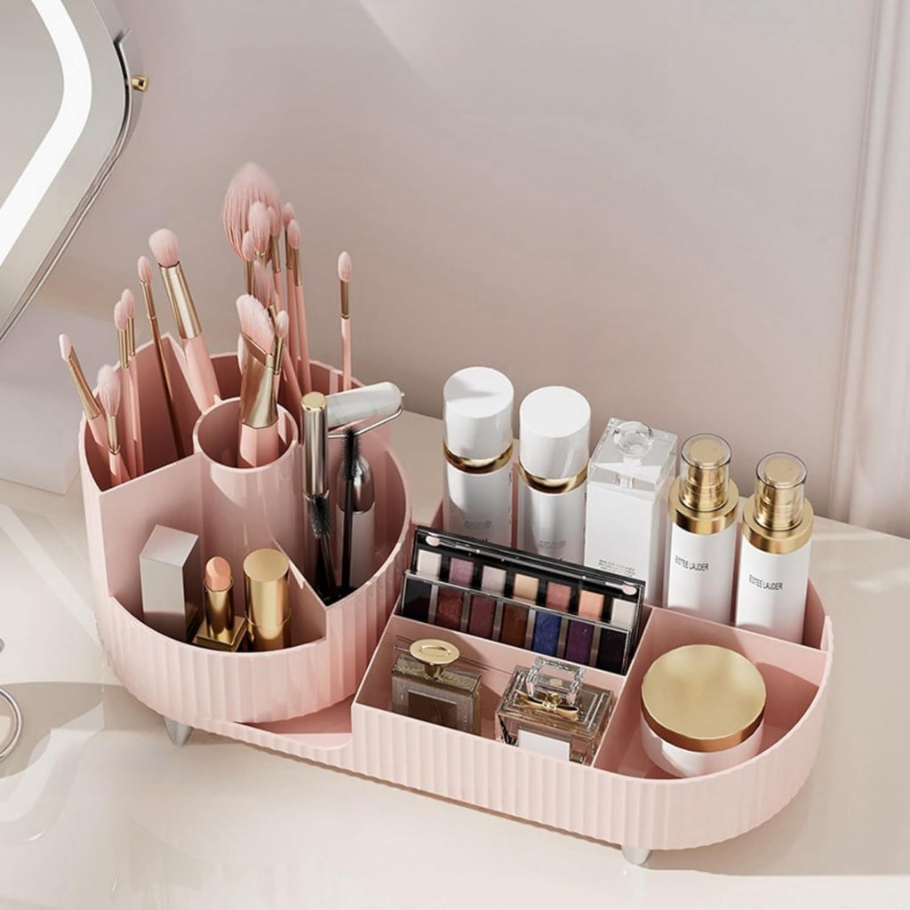 Large Capacity Rotating Makeup Organizer - Elegant Cosmetic Display Case for Makeup Brushes, Lipsticks, and Skincare Products (Pink)