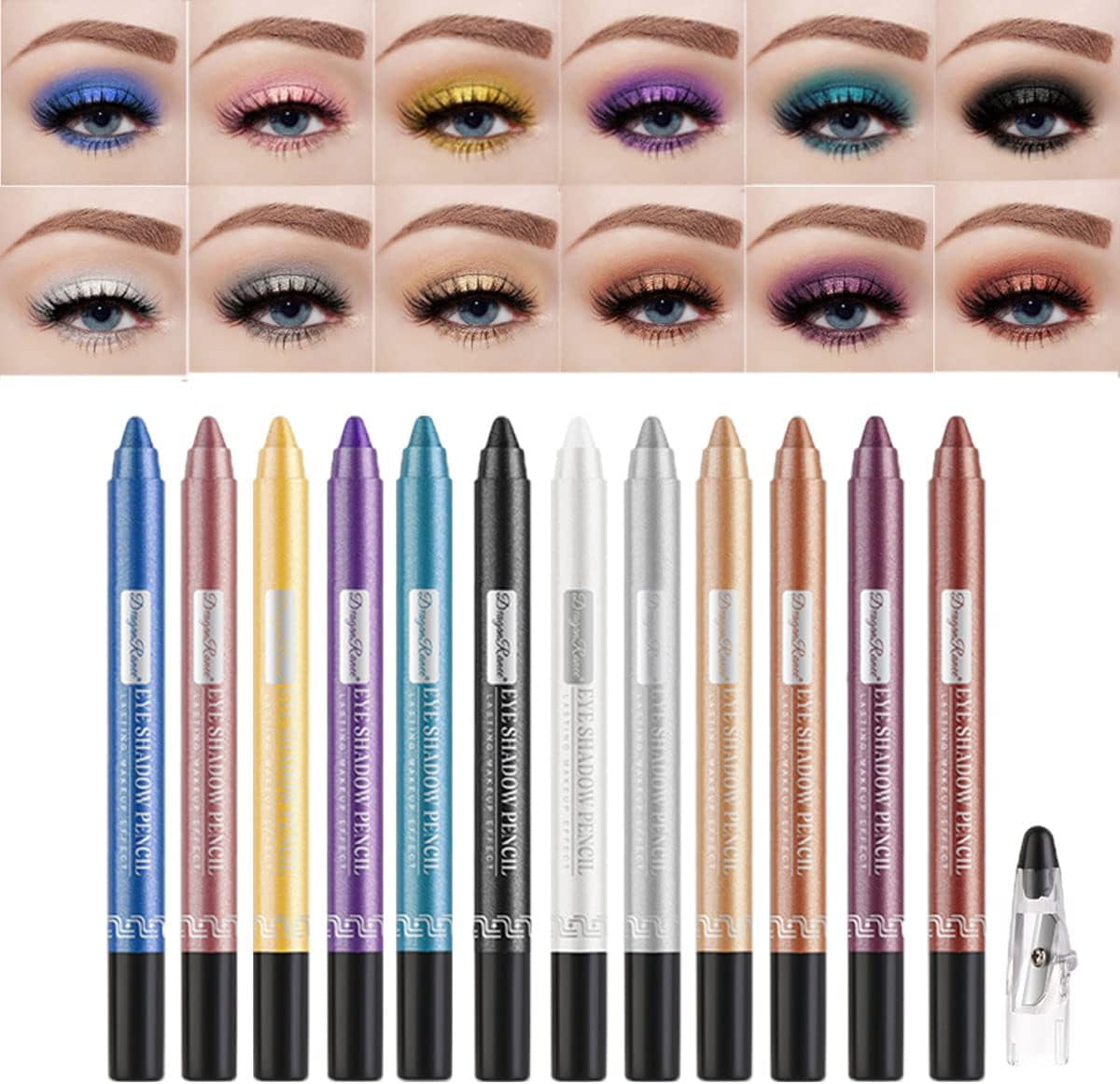 12-Piece Long-Lasting Glitter Eyeshadow Pencil Set with Multi-Purpose Eyeliner and Sharpener