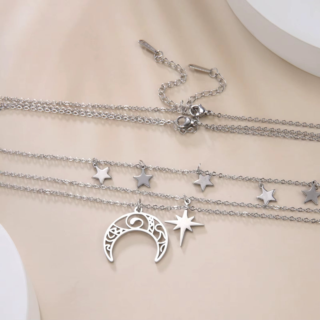 Three Layer Witchy Necklace for Women Star Moon Stainless Steel Necklaces Choker 2025 Layered Jewelry Clavicle Chain Gift