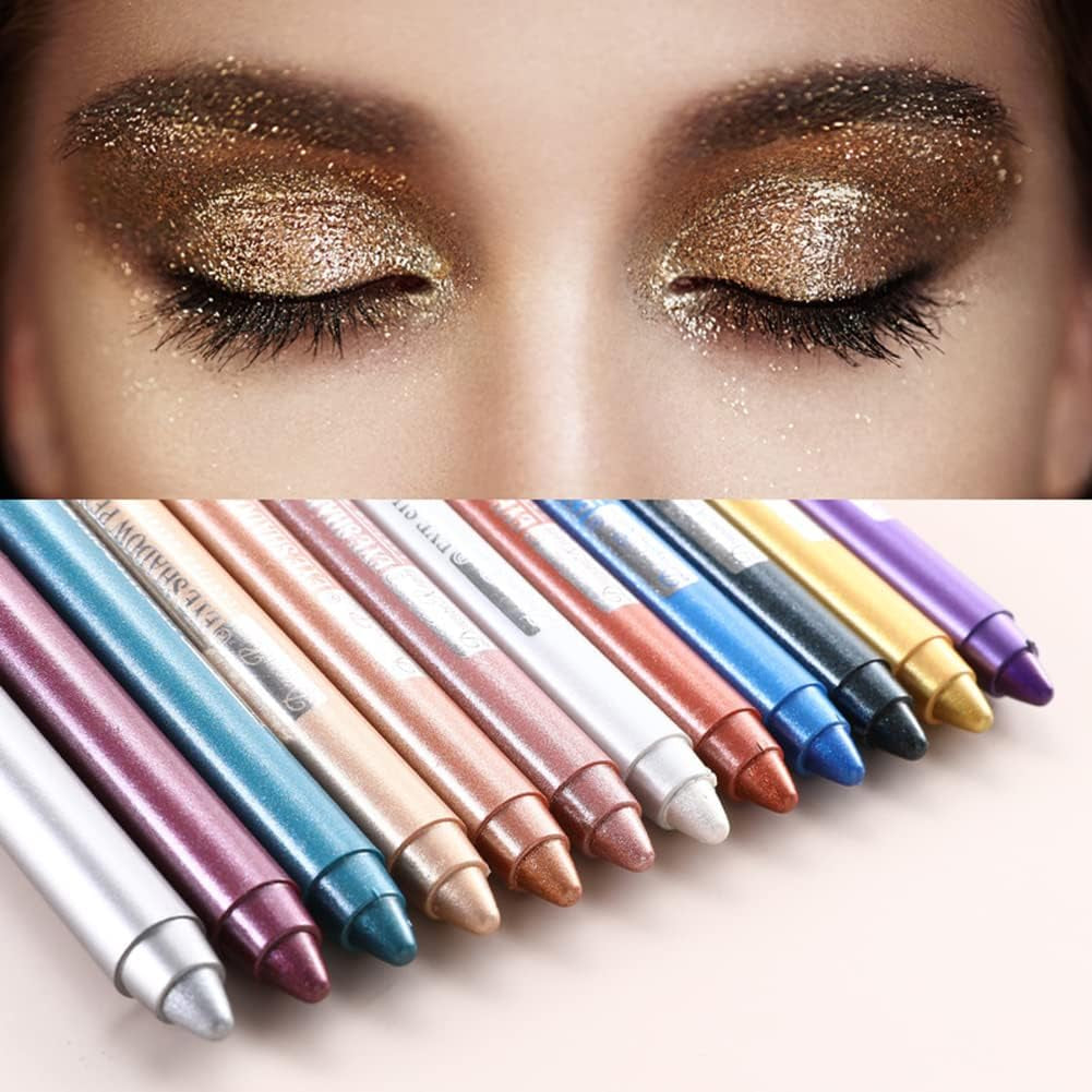 12-Piece Long-Lasting Glitter Eyeshadow Pencil Set with Multi-Purpose Eyeliner and Sharpener