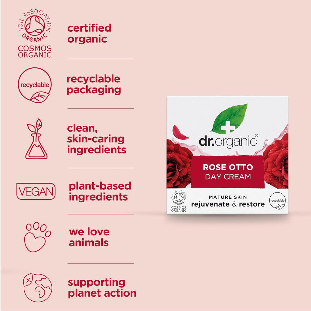 Dr Organic Rose Otto Day Cream - Moisturizing Formula for Mature Skin, Suitable for All Genders, Natural and Vegan, Cruelty-Free, Paraben & SLS-Free, Eco-Friendly Packaging, 50ml