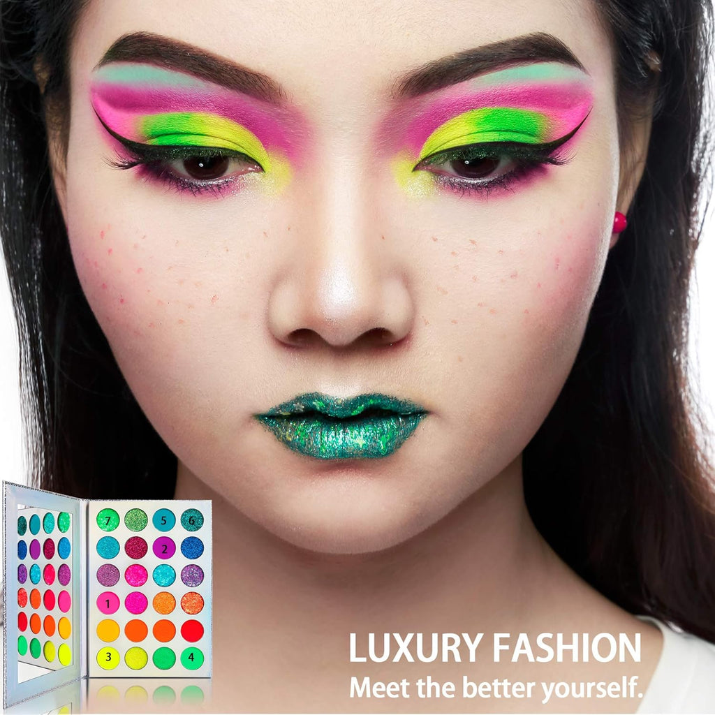 Neon Glow Eyeshadow Palette - Highly Pigmented UV Blacklight Eye Shadow Collection with Pressed Glitter in Red, Orange, and Pink