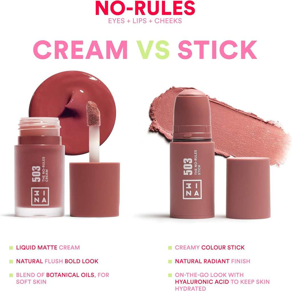 No-Rules Stick 503 - Skin Tone Blush Stick for Eyes, Lips, and Cheeks with Hyaluronic Acid - Cream Blusher for a Natural and Luminous Finish - Vegan and Cruelty-Free
