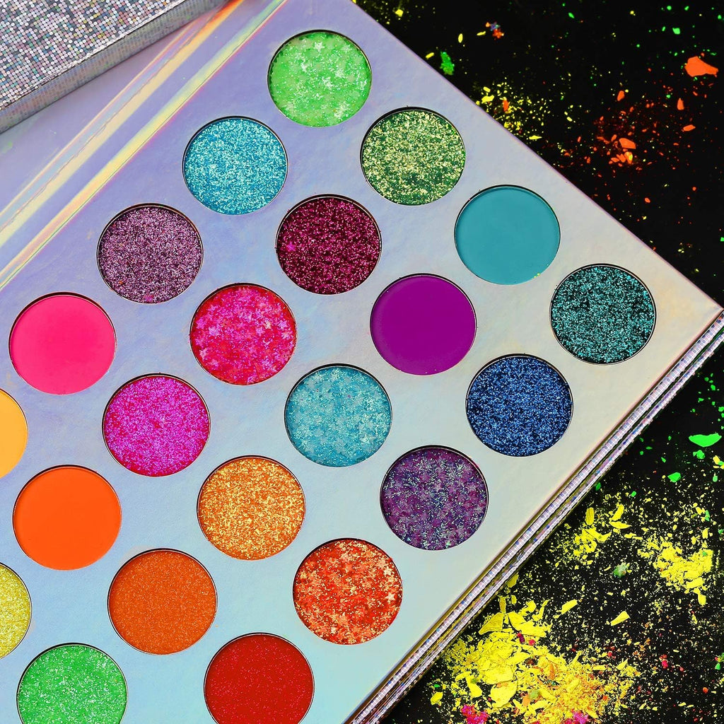 Neon Glow Eyeshadow Palette - Highly Pigmented UV Blacklight Eye Shadow Collection with Pressed Glitter in Red, Orange, and Pink