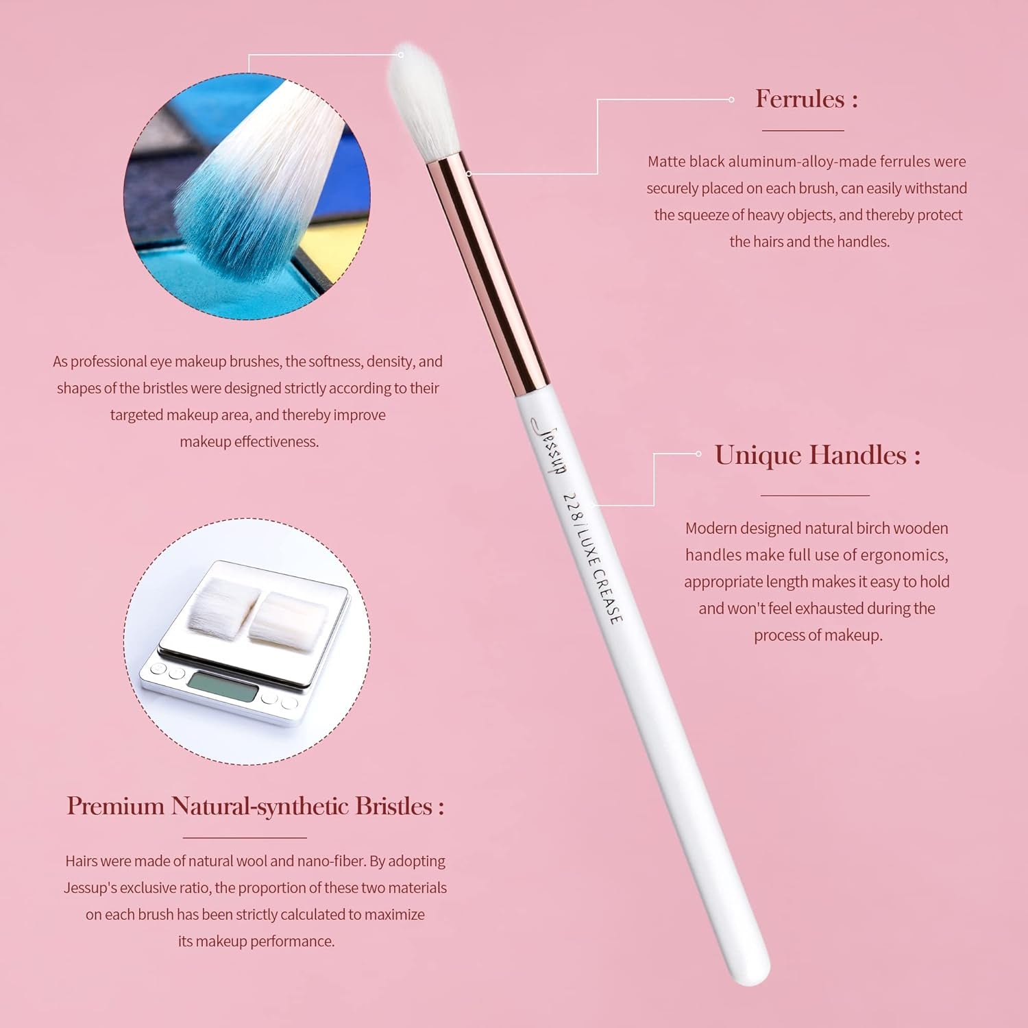 15-Piece Professional Makeup Brush Set with Wood Handles and Natural-Synthetic Hair, Pearl White/Rose Gold Finish, T217
