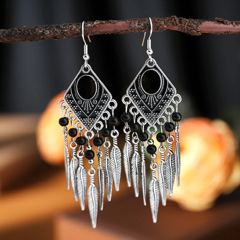Vintage Ethnic Crystal Drop Oil Dangle Earrings for Women Retro Rhombus Leaf Tassel Earrings Female Vacation Style Jewelry