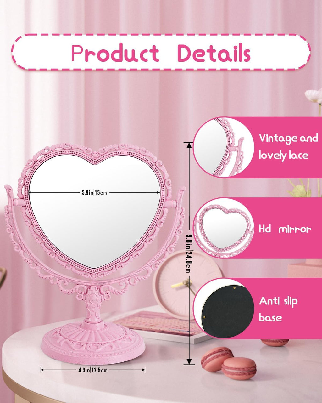 7-Inch Dual-Sided Swivel Vanity Makeup Mirror with 3X Magnification, Decorative Framed European Style, Oval Pink Heart-Shaped Design for Bathroom and Dressing Table