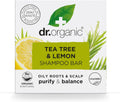 Dr Organic Tea Tree & Lemon Shampoo Bar - Purifying Formula for Oily Roots and Scalps, Plastic-Free, Natural, Vegan, Cruelty-Free, Paraben and SLS-Free, Organic, 75g