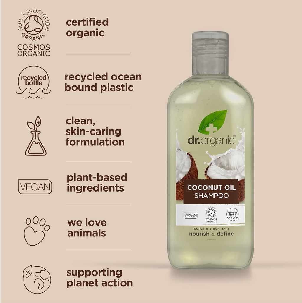 Dr Organic Coconut Oil Shampoo for Hydration - Suitable for Normal and Dry Hair, Unisex, Natural, Vegan, Cruelty-Free, Paraben and SLS-Free, Organic, 265ml (Packaging May Vary)