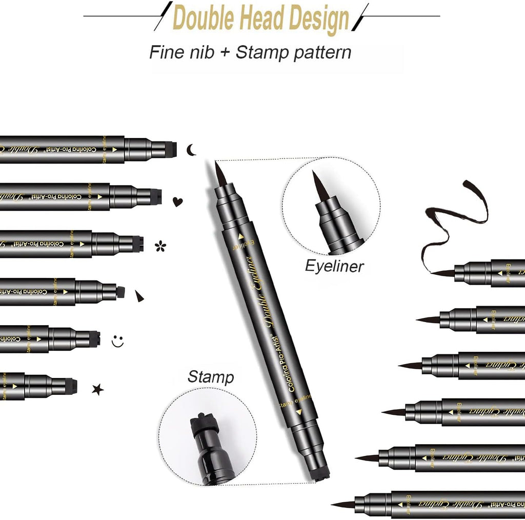 6-Piece Double-Headed Eyeliner Stamp Set - Black Liquid Eyeliner Pens with Star, Moon, Heart, Flower, Smiley, and Triangle Stencils for Women - Long-Lasting, Waterproof, and Smudge-Proof Makeup Kit