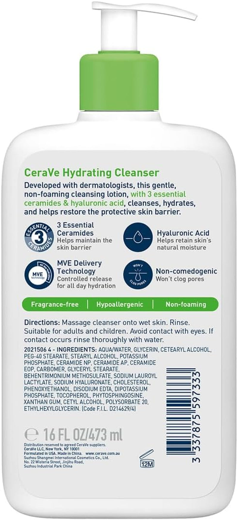 Hydrating Facial Cleanser 473ml for Normal to Dry Skin with Hyaluronic Acid and Essential Ceramides - Gently Cleanses and Hydrates While Preserving Skin's Natural Barrier