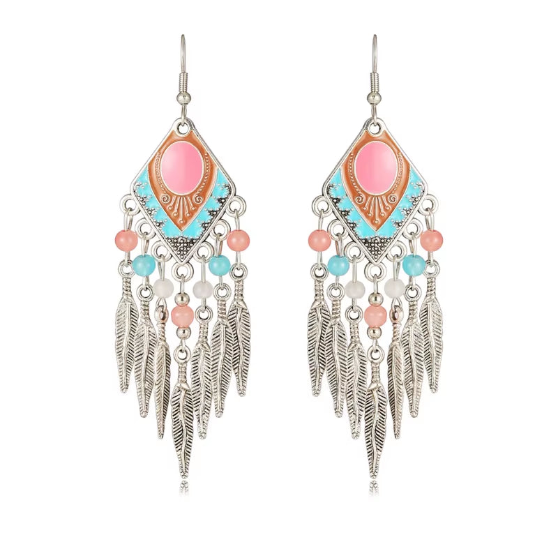 Vintage Ethnic Crystal Drop Oil Dangle Earrings for Women Retro Rhombus Leaf Tassel Earrings Female Vacation Style Jewelry