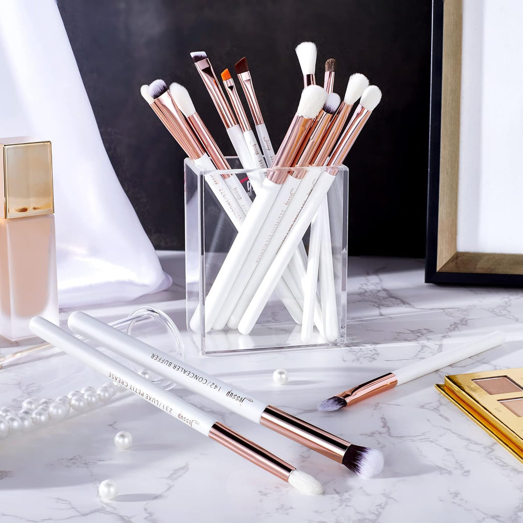 15-Piece Professional Makeup Brush Set with Wood Handles and Natural-Synthetic Hair, Pearl White/Rose Gold Finish, T217