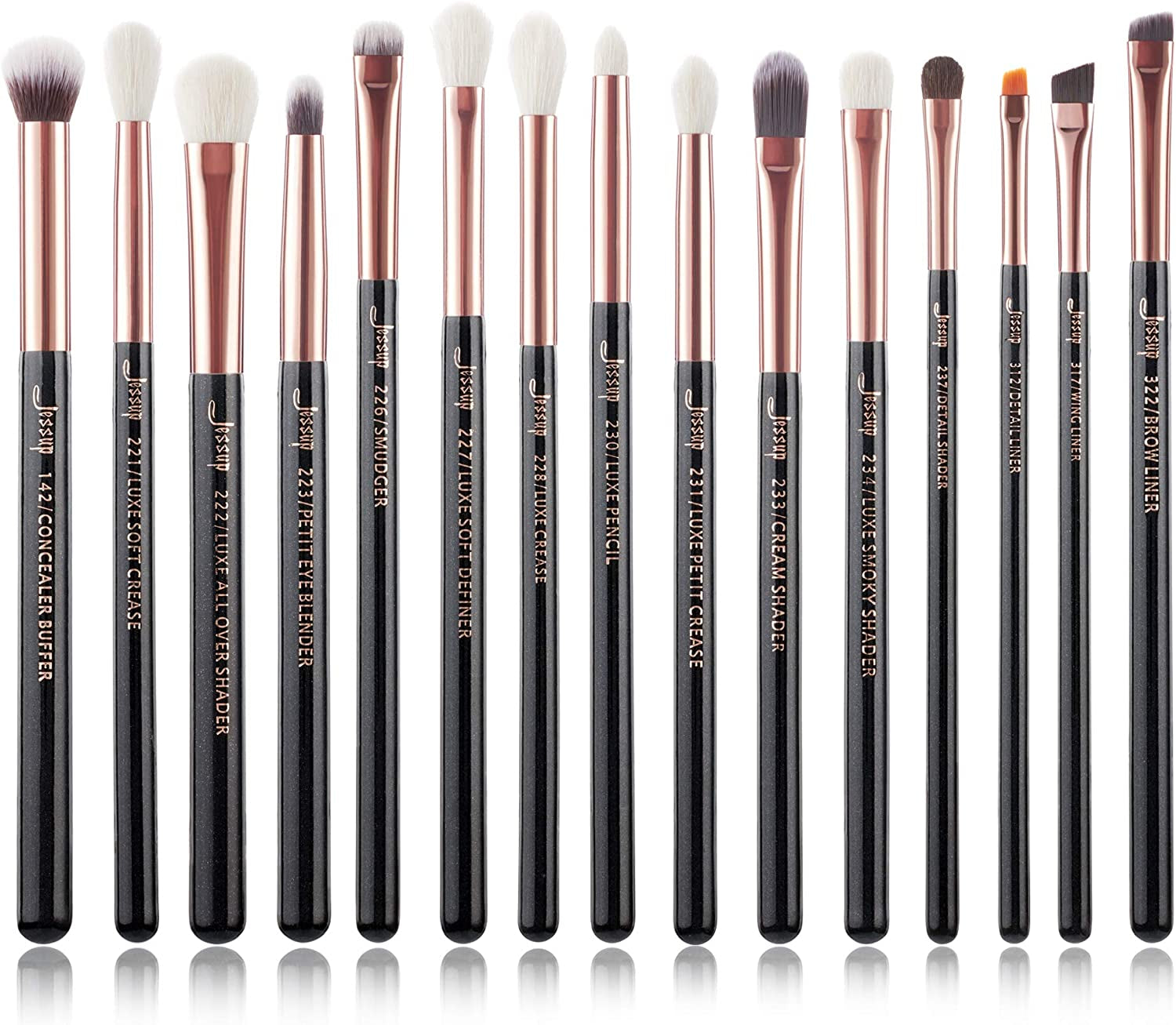 15-Piece Professional Makeup Brush Set with Wood Handles and Natural-Synthetic Hair, Pearl Black/Rose Gold, T157