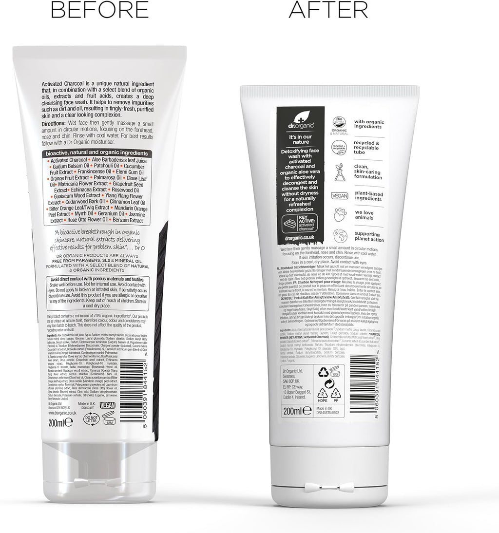 Dr Organic Charcoal Face Wash - Natural Cleansing Solution for Acne and Oily Skin, Vegan, Cruelty-Free, Paraben and SLS-Free, 200ml