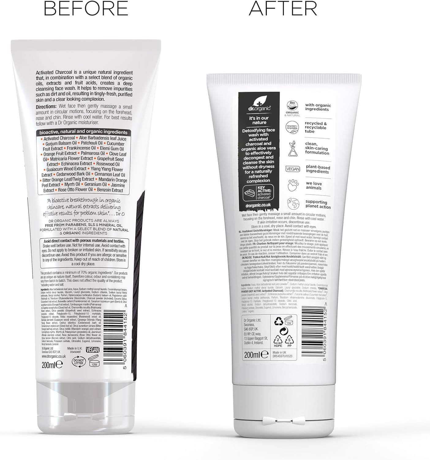 Dr Organic Charcoal Face Wash - Natural Cleansing Solution for Acne and Oily Skin, Vegan, Cruelty-Free, Paraben and SLS-Free, 200ml