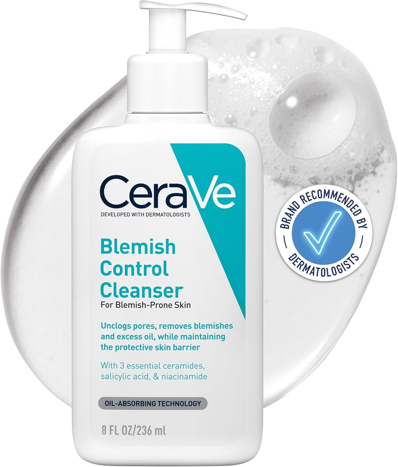 Blemish Control Gel Cleanser 236ml for Acne-Prone Skin with 2% Salicylic Acid, Niacinamide, Purifying Clay, and Ceramides - Lightweight and Oil-Absorbing Formula
